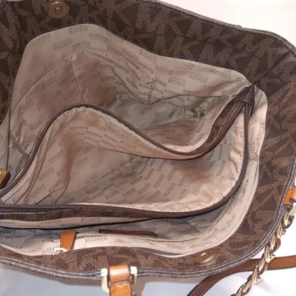 Michael Kors Handbag Brown Signature Harper Large Tote Logo Gold Chain East West - Picture 13 of 15